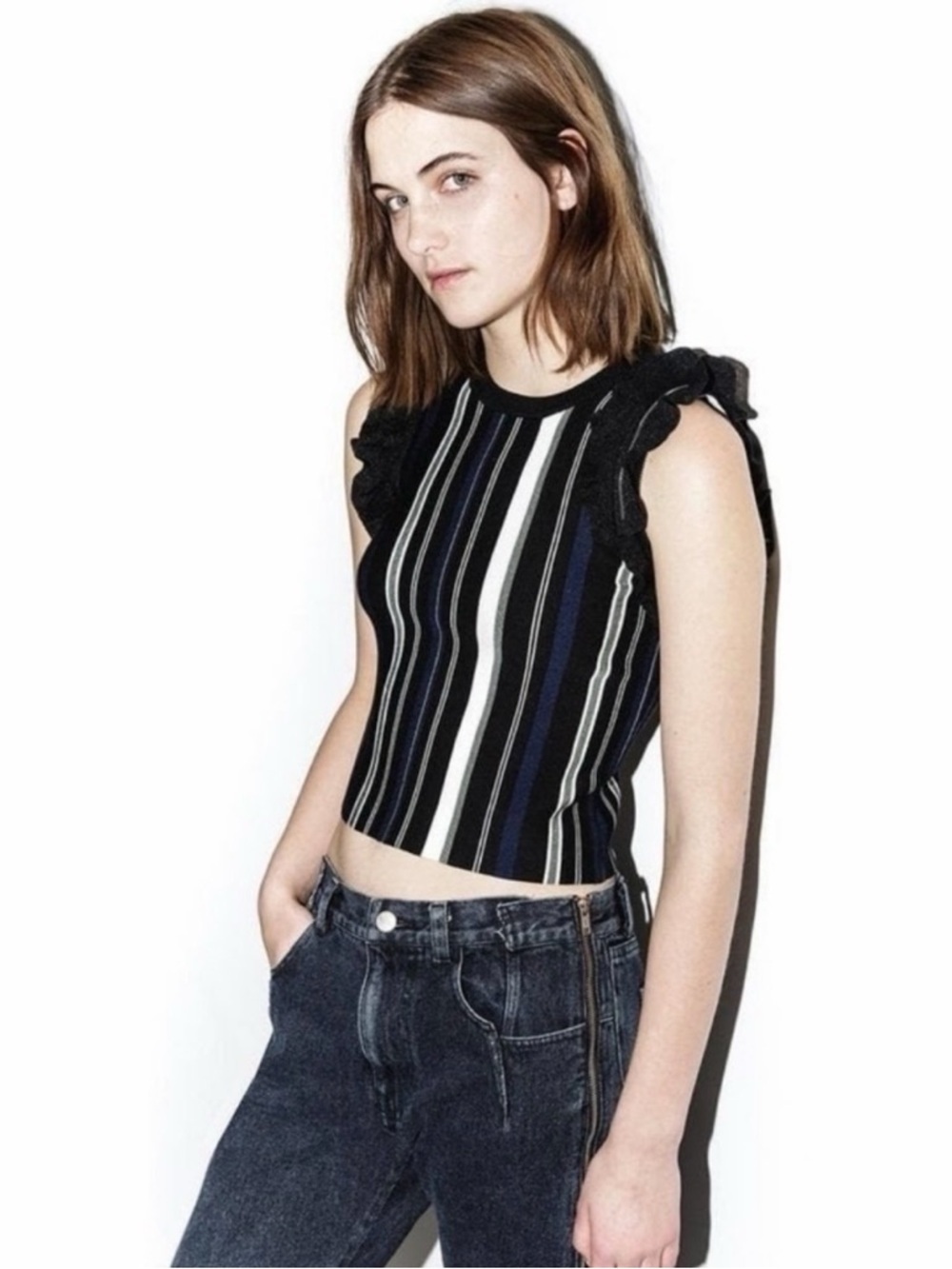3.1 Phillip Lim Striped Ruffle Sleeve Sport Tank